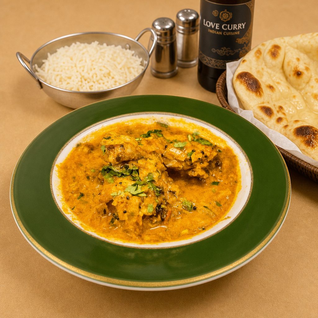 Mint and Cilantro Chicken Drumstick Curry with Rice and Classic Naan.