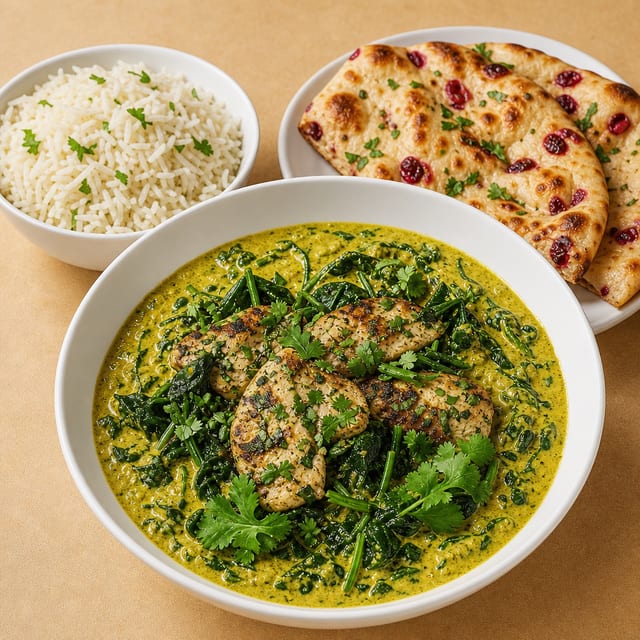 Chicken and Spinach Curry w/Rice and Cranberry Naan.