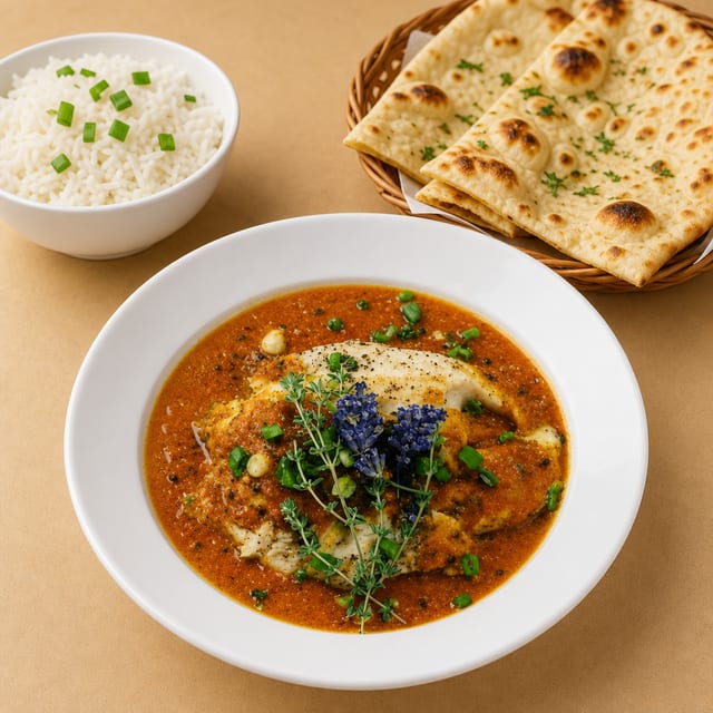 Tilapia Fish in Nigella Seed Curry Served with Rice and Classic Naan.