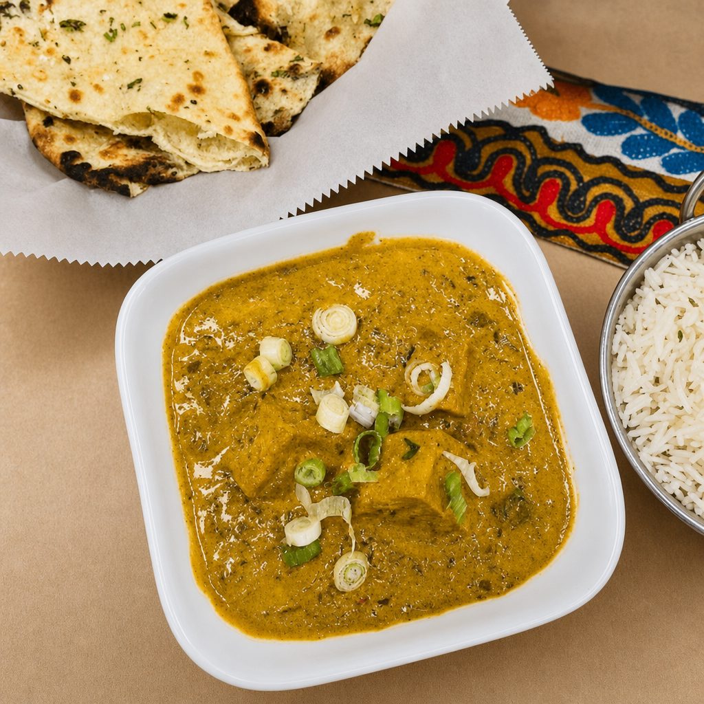 Tofu Curry Served with Rice and Garlic naan.