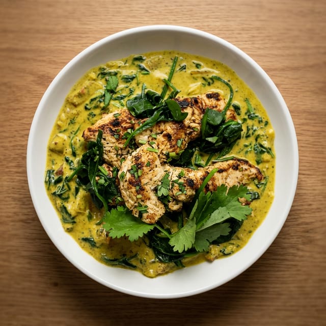 Chicken and Spinach Curry w/Rice and Cranberry Naan.