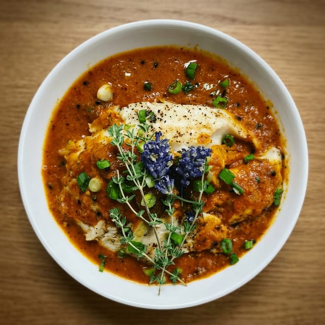 Tilapia Fish in Nigella Seed Curry Served with Rice and Classic Naan.